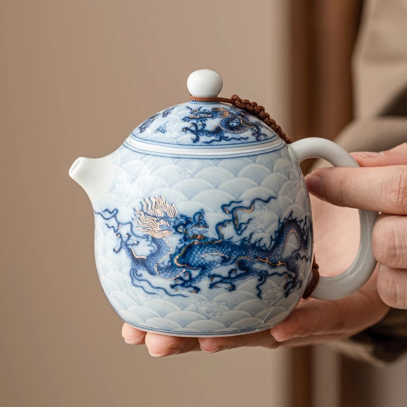 White and Blue Porcelain Dragon Teapot