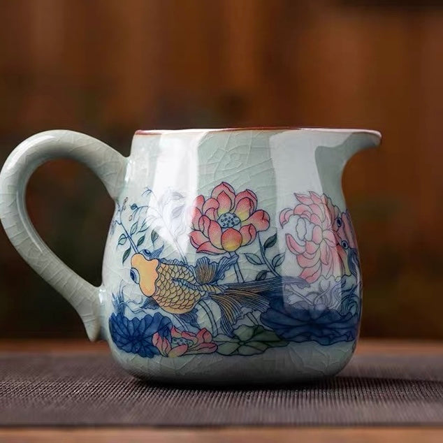 Jingdezhen Old Clay "Abundant Fortune" Fairness Pitcher - Chinese Tea Server—Traditional Chinese gongfu tea pitcher, handcrafted from Jingdezhen old clay with lotus & koi design. Evenly divide tea with authentic porcelain