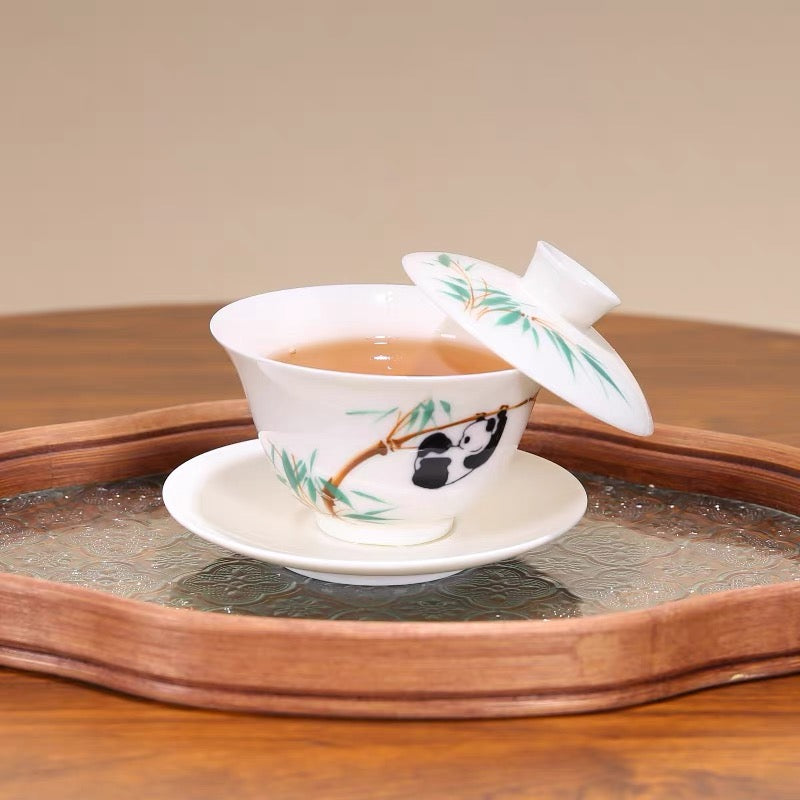 Hand-Painted Panda Mutton-Fat Jade Porcelain Gaiwan (160ml)