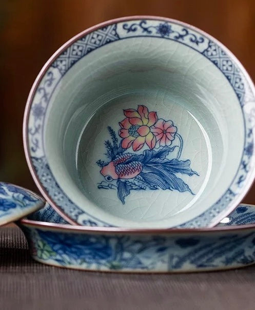 Jingdezhen Old Clay "Abundant Fortune" Gaiwan—Traditional three-piece gaiwan inspired by the philosophy of harmony between man and nature, made of Jingdezhen old clay with koi & lotus