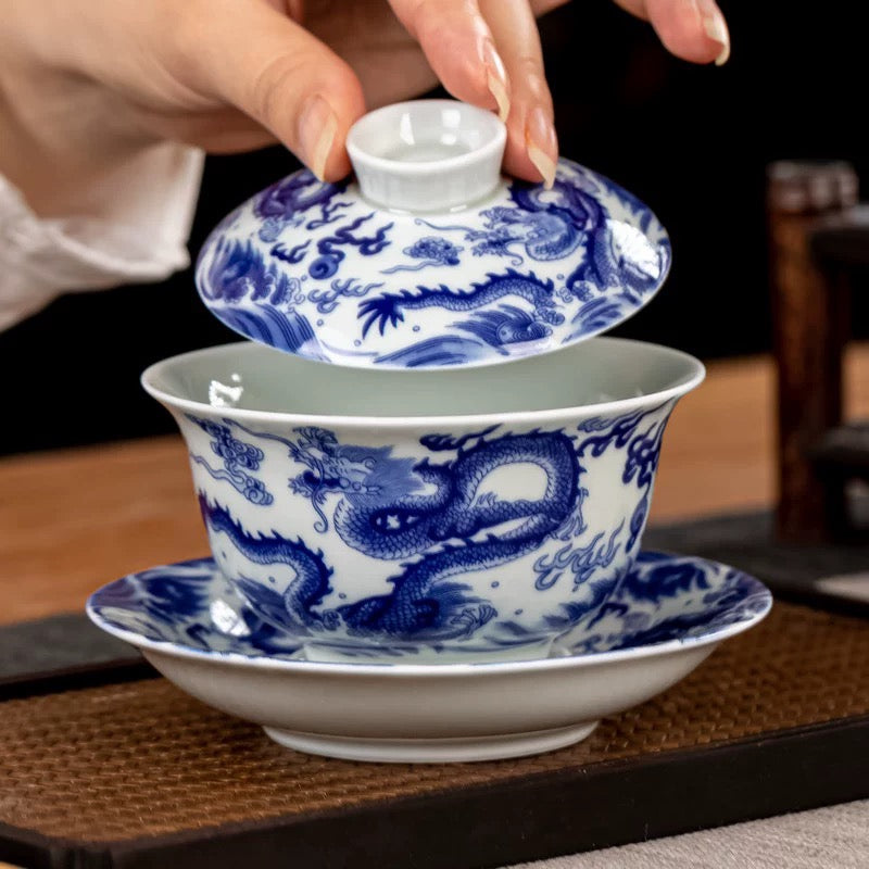 Antique Blue and White Double Dragon Sancai Gaiwan | Jingdezhen Handmade Porcelain Kung Fu Tea Bowl