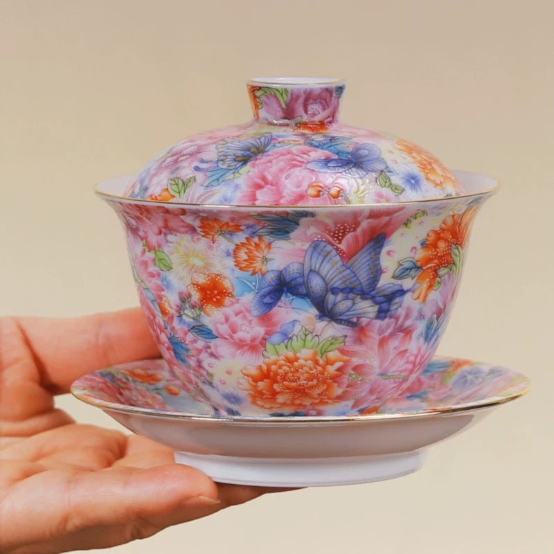 Enamel Color Butterfly & Flower Gaiwan - Chinese Imperial Tea Bowl— Elegant enamel gaiwan inspired by Qing Dynasty imperial craftsmanship, perfect for gongfu tea lovers and gifting