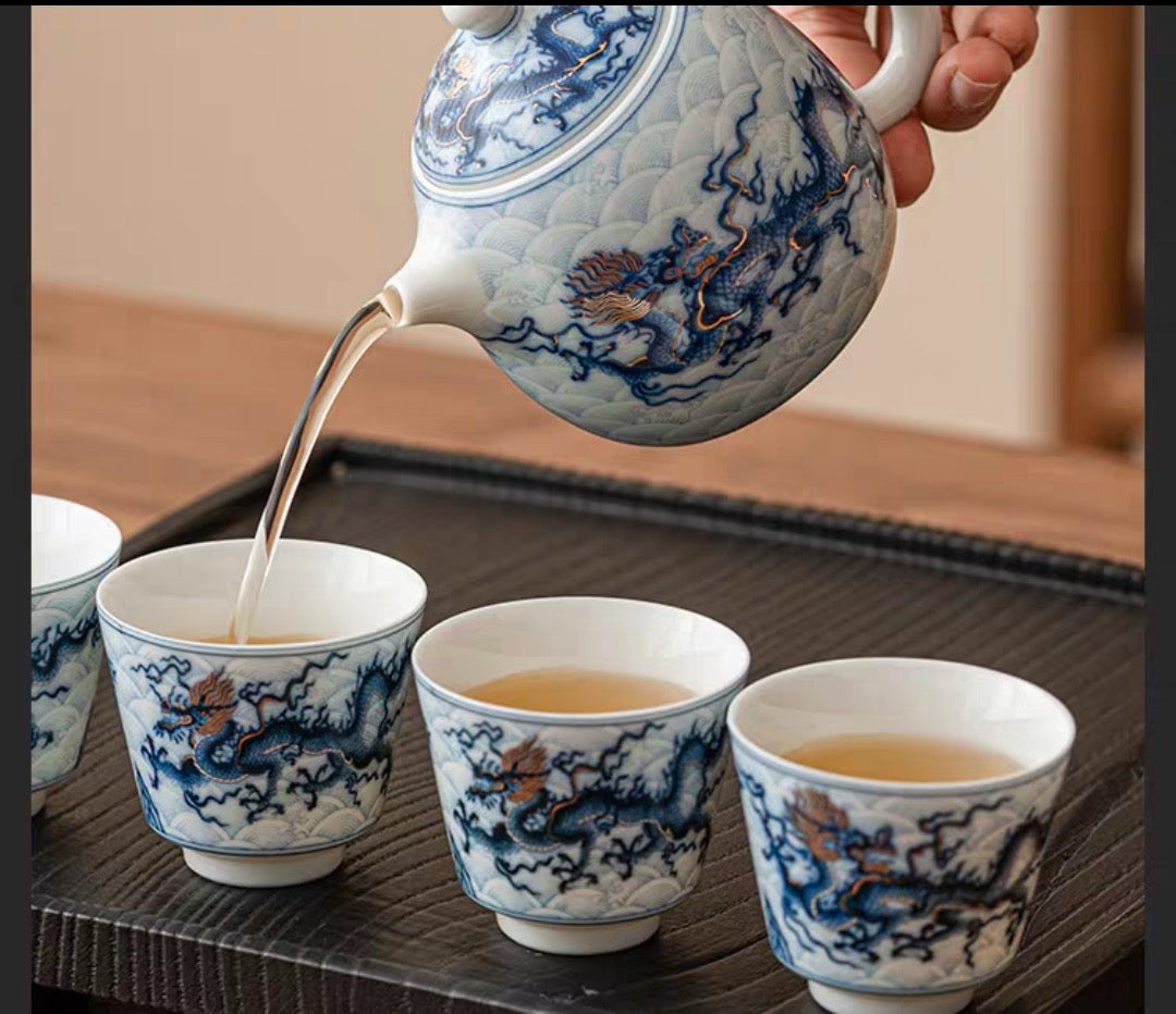 White and Blue Porcelain Dragon Teapot