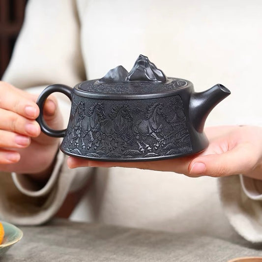 Authentic Yixing Zisha Teapot | Aged Original Shihuang Clay, Full Hand-Carved Eight Horses Pattern, Guanshan Zisha Teapot, Premium Kung Fu Teaware & Luxury Gift Collection