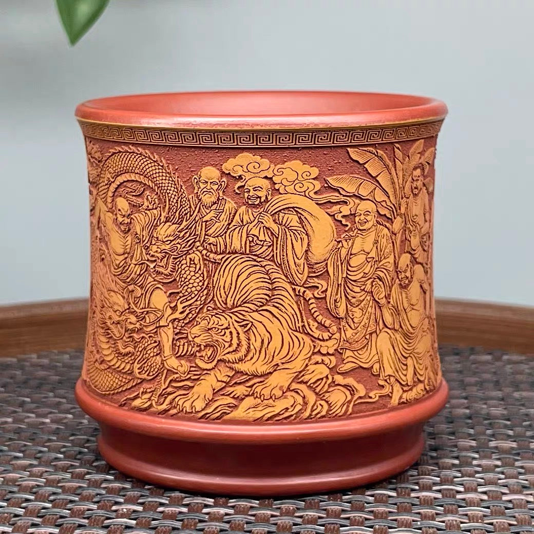 Yixing Raw Ore Dahongpao Zisha, Fully Hand-Carved Eighteen Arhats Master Cup, Bamboo Joint Dual-Color Tea Cup—140CC