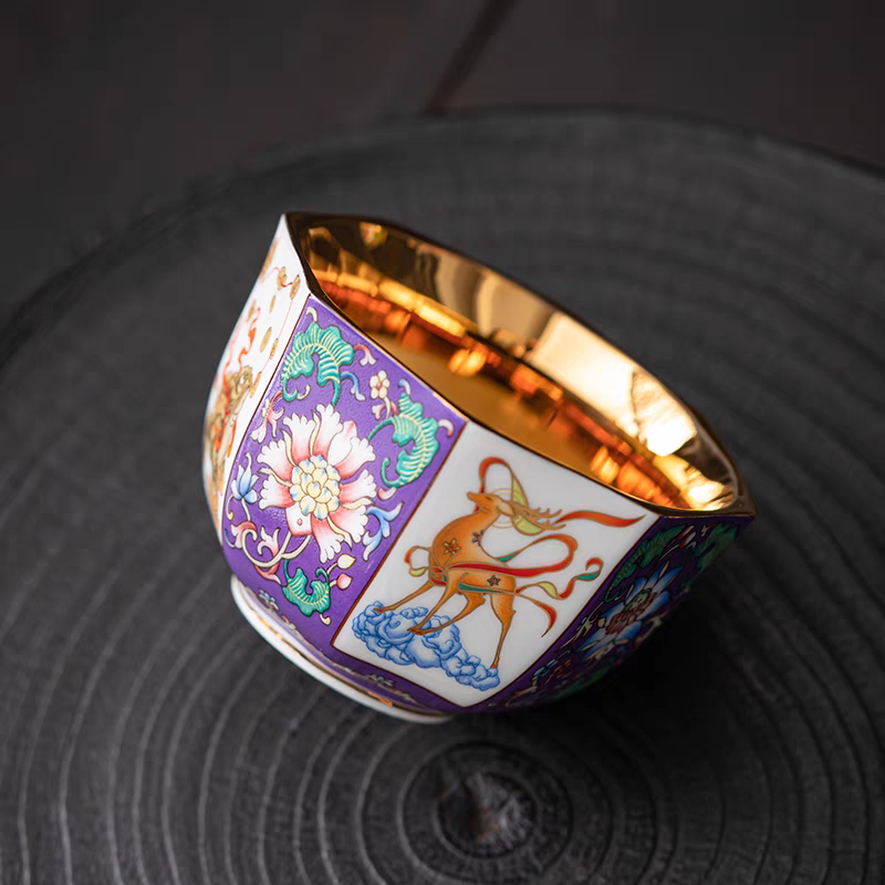 Eight-Sided Cup (Bafang) Enamel-colored 24K Gilt Tea Cup