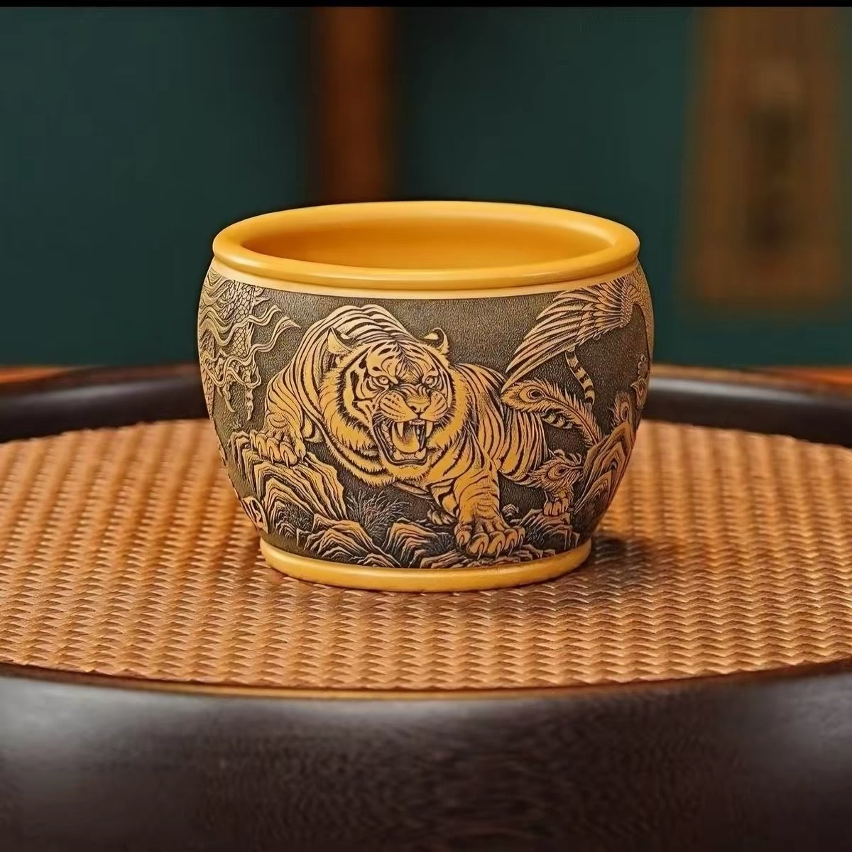 Yixing Authentic Raw Golden Cinnabar Clay Zisha Master Cup, Fully Hand-Carved Tea Cup with Four Divine Beasts Pattern  (200cc)
