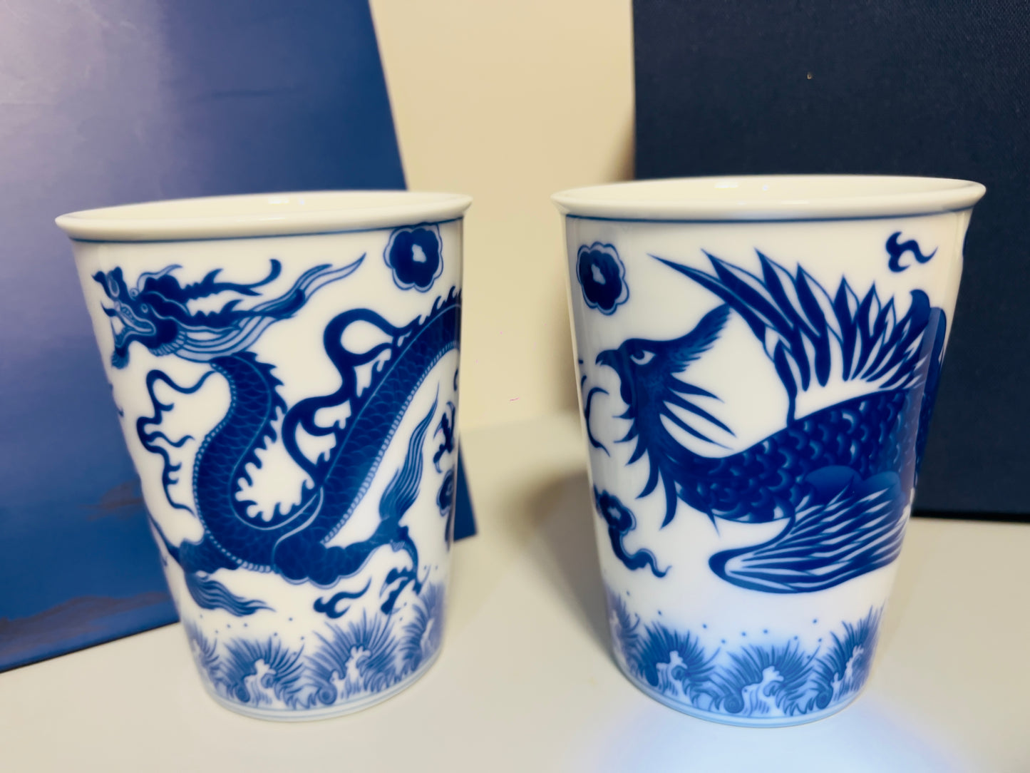 White and Blue Porcelain Dragon and Phoenix the Couple Set Beer Cup