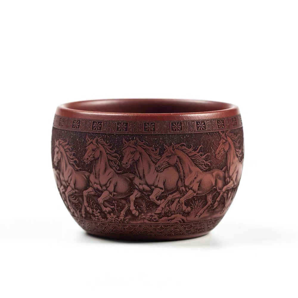 Yixing Raw Ore Dragon Blood Sand Zisha Master Cup, Fully Hand-Engraved Zodiac Horse Teacup, 140cc Double Wall Heat Insulated Anti-scald Kung Fu Tea Cup--The Eight Steeds (Ba Jun Tu)