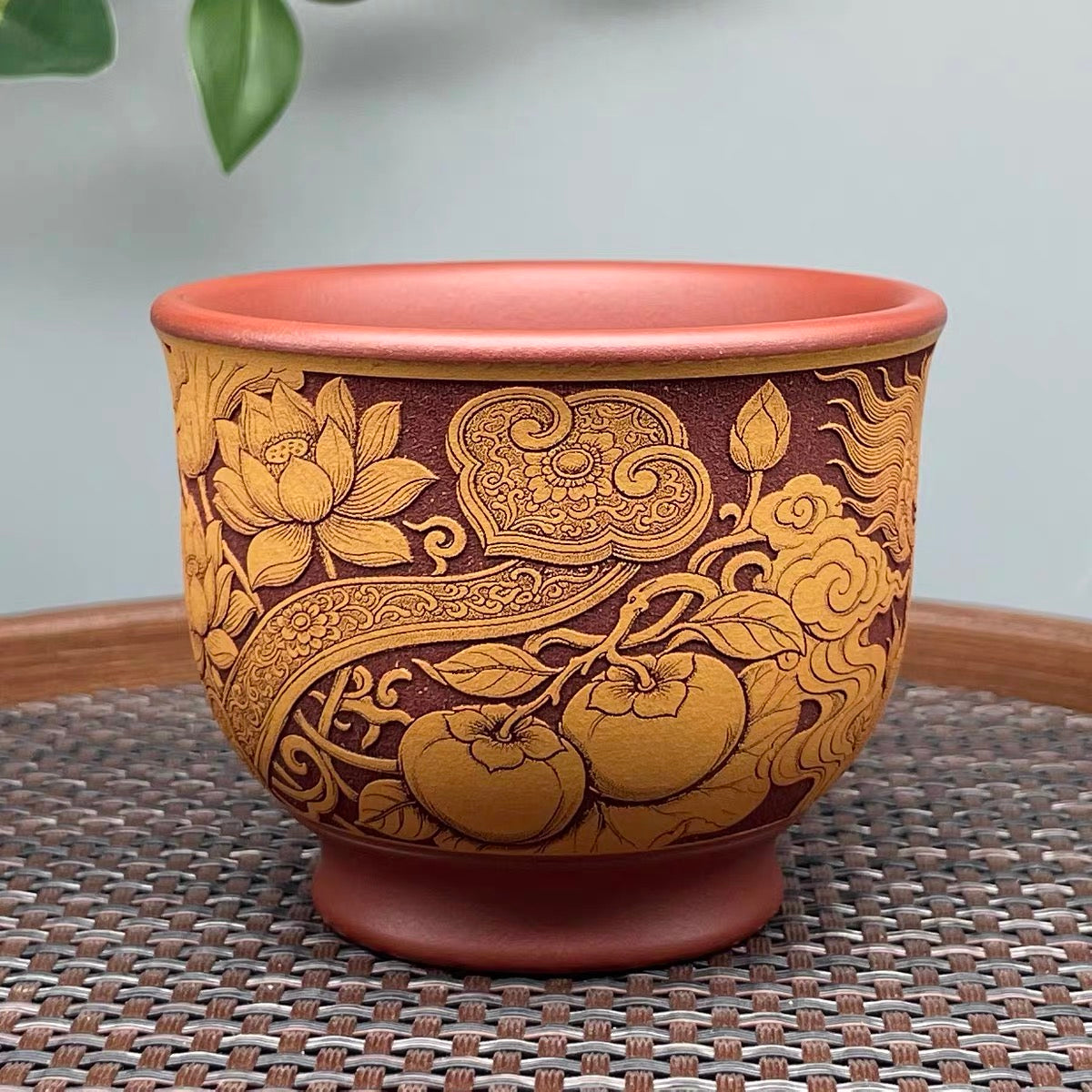 Yixing Raw Ore Purple Clay, Dragon Blood Sand & Golden Cinnabar Clay, Fully Hand-Carved Qilin "Gold and Jade Fill the Hall" Master Cup, Dual-Color Tea Cup--160CC