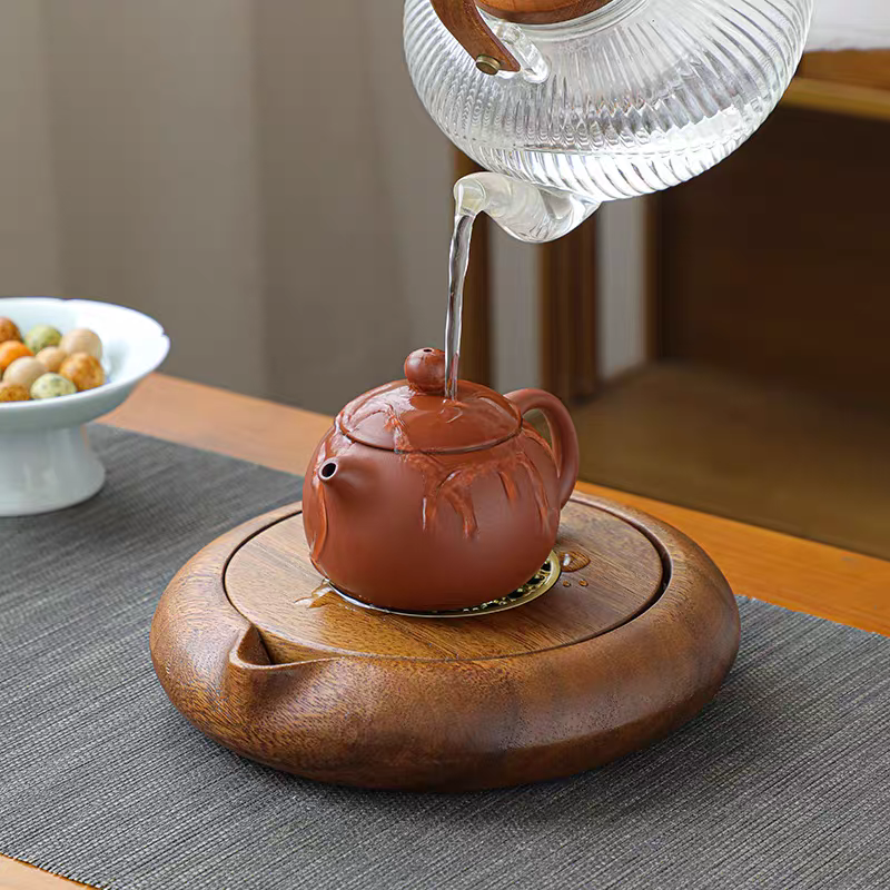 Solid Walnut Wood Teapot Holder - Round Water Storage Tea Tray for Wet Brewing, Yixing Teapot Care Pad, Kung Fu Tea Serving Tray