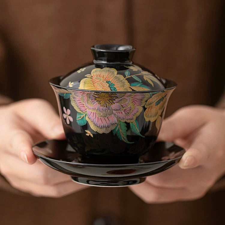 Black Gold Glaze KeSi Peony Gaiwan | Traditional Chinese Three-Talent Tea Bowl for Gongfu Tea
