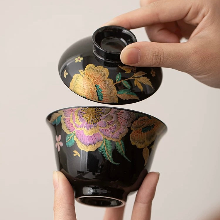 Black Gold Glaze KeSi Peony Gaiwan | Traditional Chinese Three-Talent Tea Bowl for Gongfu Tea