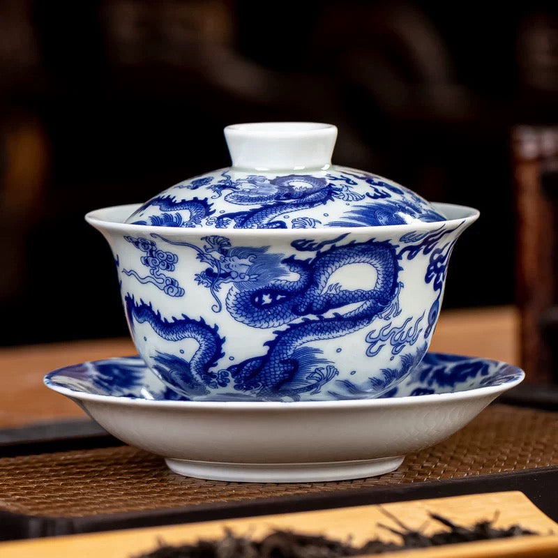 Antique Blue and White Double Dragon Sancai Gaiwan | Jingdezhen Handmade Porcelain Kung Fu Tea Bowl