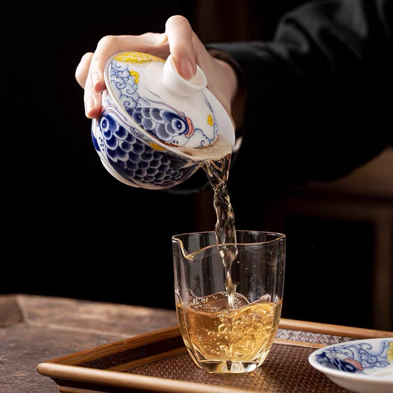 Mutton‑Fat Jade Porcelain Hover Gaiwan, Dragon‑Fish Ingot Pattern 190ml Dehua White Porcelain Three‑Talent Gaiwan for Gongfu Tea