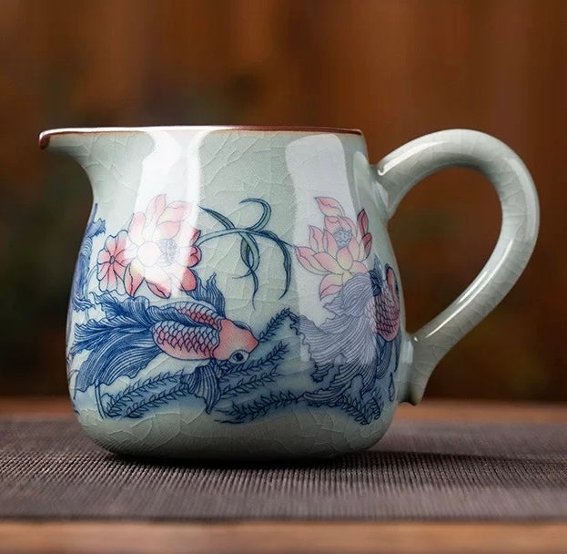 Jingdezhen Old Clay "Abundant Fortune" Fairness Pitcher - Chinese Tea Server—Traditional Chinese gongfu tea pitcher, handcrafted from Jingdezhen old clay with lotus & koi design. Evenly divide tea with authentic porcelain