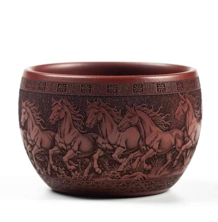 Yixing Raw Ore Dragon Blood Sand Zisha Master Cup, Fully Hand-Engraved Zodiac Horse Teacup, 140cc Double Wall Heat Insulated Anti-scald Kung Fu Tea Cup--The Eight Steeds (Ba Jun Tu)