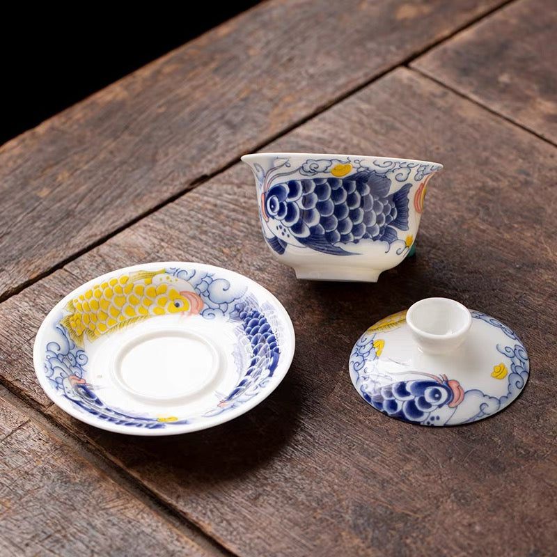 Mutton‑Fat Jade Porcelain Hover Gaiwan, Dragon‑Fish Ingot Pattern 190ml Dehua White Porcelain Three‑Talent Gaiwan for Gongfu Tea