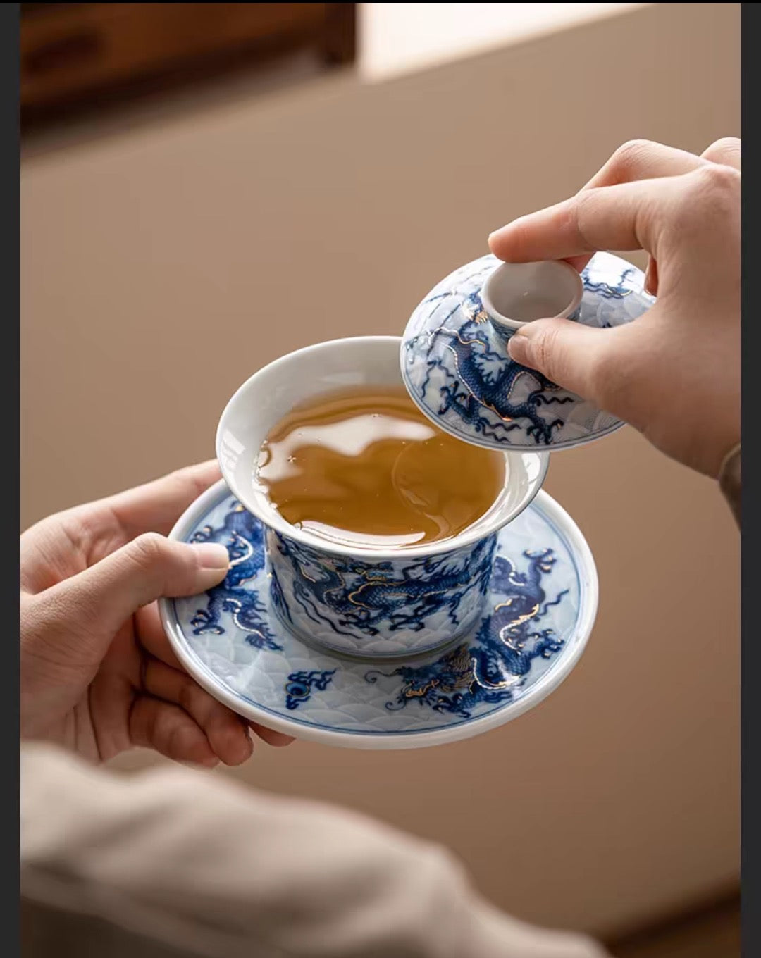 White and Blue Porcelain Dragon Gaiwan with Plate