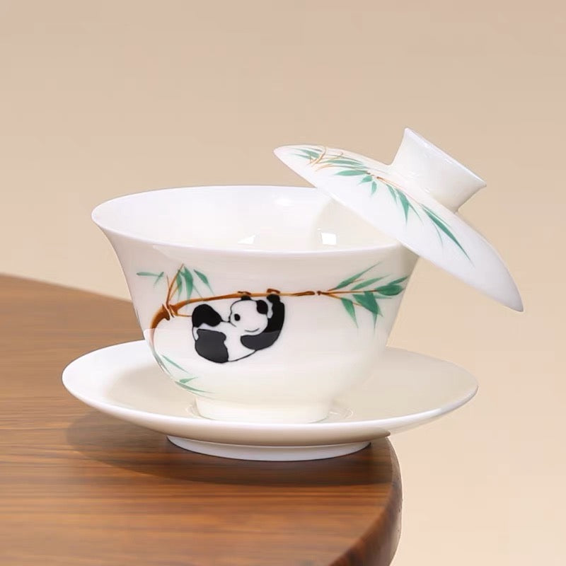 Hand-Painted Panda Mutton-Fat Jade Porcelain Gaiwan (160ml)