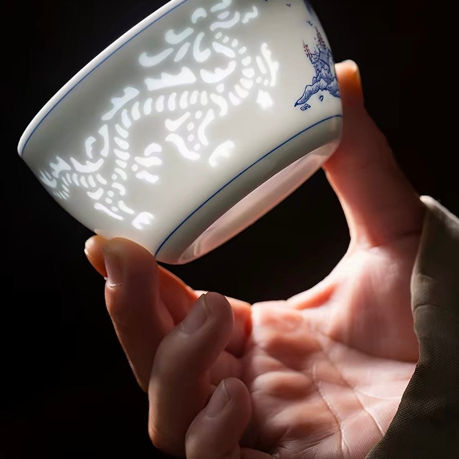 Jingdezhen Hand-Painted "Linglong" Rice-Grain Dragon Tea Cup