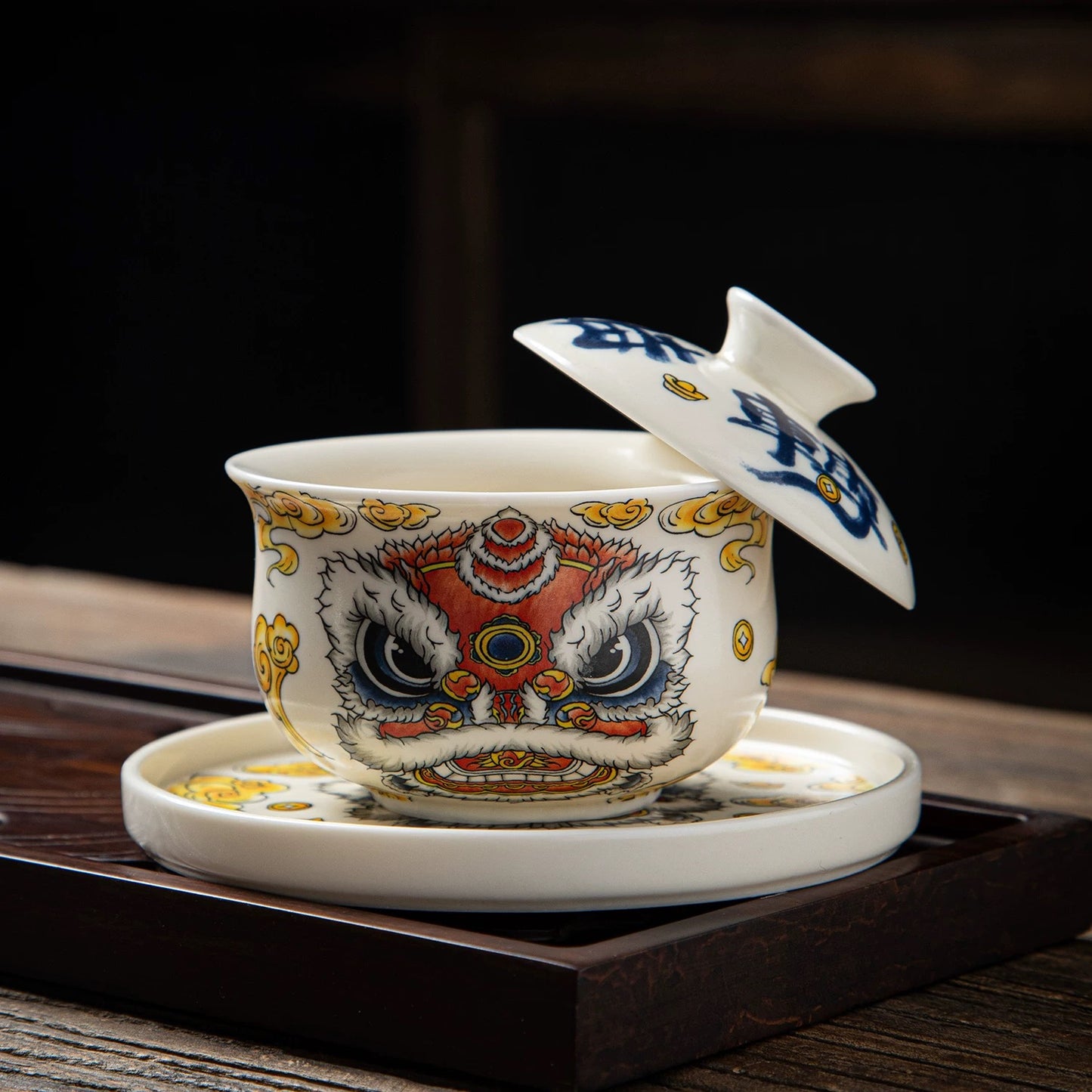 Chinese Lion Motif Hover Rotating Gaiwan | Three-Part Porcelain Kung Fu Tea Bowl, Heat-Resistant, Pot Stand Included