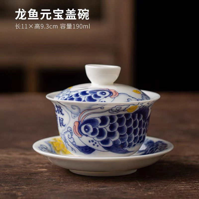 Mutton‑Fat Jade Porcelain Hover Gaiwan, Dragon‑Fish Ingot Pattern 190ml Dehua White Porcelain Three‑Talent Gaiwan for Gongfu Tea