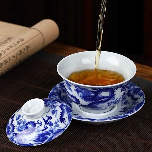 Antique Blue and White Double Dragon Sancai Gaiwan | Jingdezhen Handmade Porcelain Kung Fu Tea Bowl