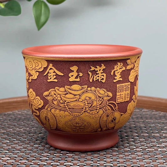 Yixing Raw Ore Purple Clay, Dragon Blood Sand & Golden Cinnabar Clay, Fully Hand-Carved Qilin "Gold and Jade Fill the Hall" Master Cup, Dual-Color Tea Cup--160CC