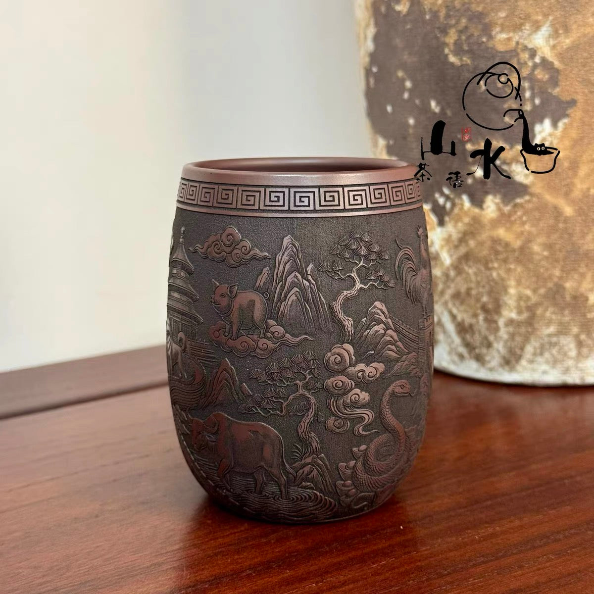 Yixing Raw Ore Shihong Clay Teacup | 280CC Dragon Egg Shape Master Cup, Hand-carved 12 Chinese Zodiac & Dragon Pattern, Zisha Kung Fu Tea Cup