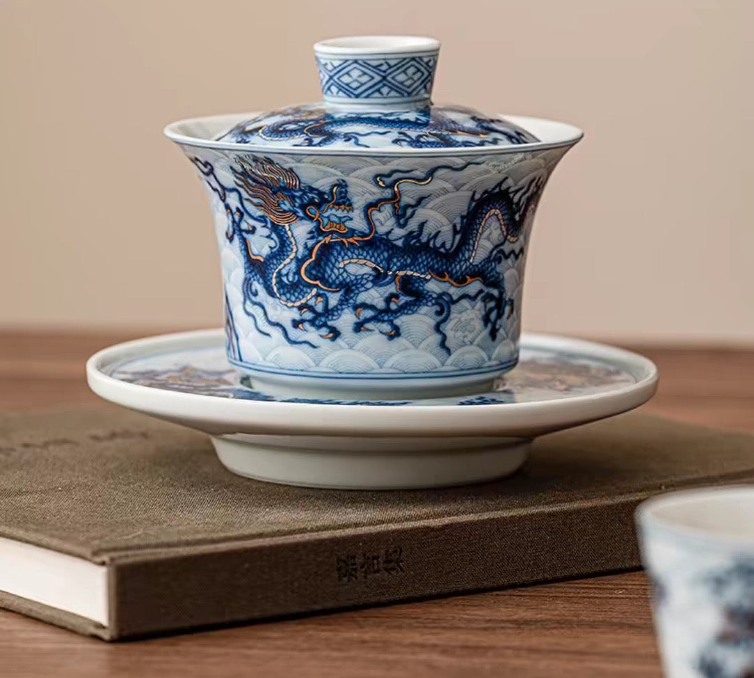 White and Blue Porcelain Dragon Gaiwan with Plate