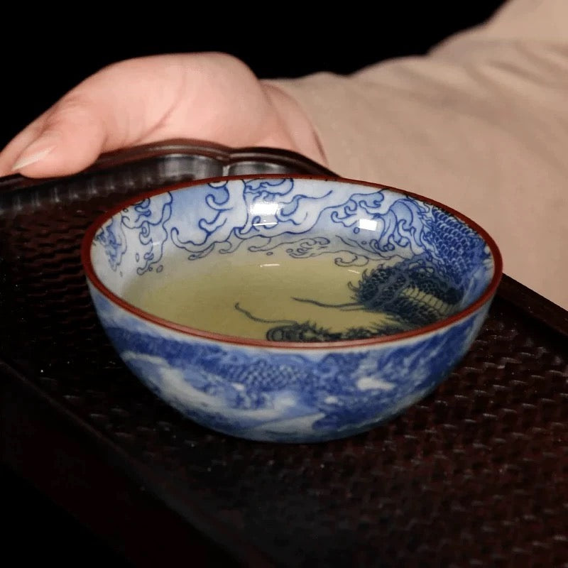 Jingdezhen Old Pottery Clay Dragon Crossing the River Pu'er Teacup | Handmade Master Cup
