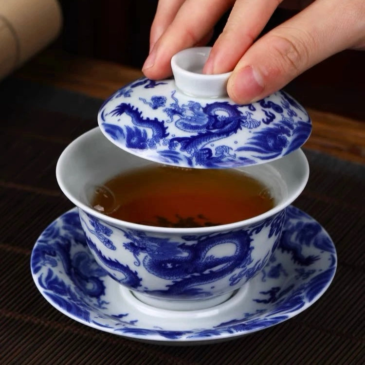 Antique Blue and White Double Dragon Sancai Gaiwan | Jingdezhen Handmade Porcelain Kung Fu Tea Bowl