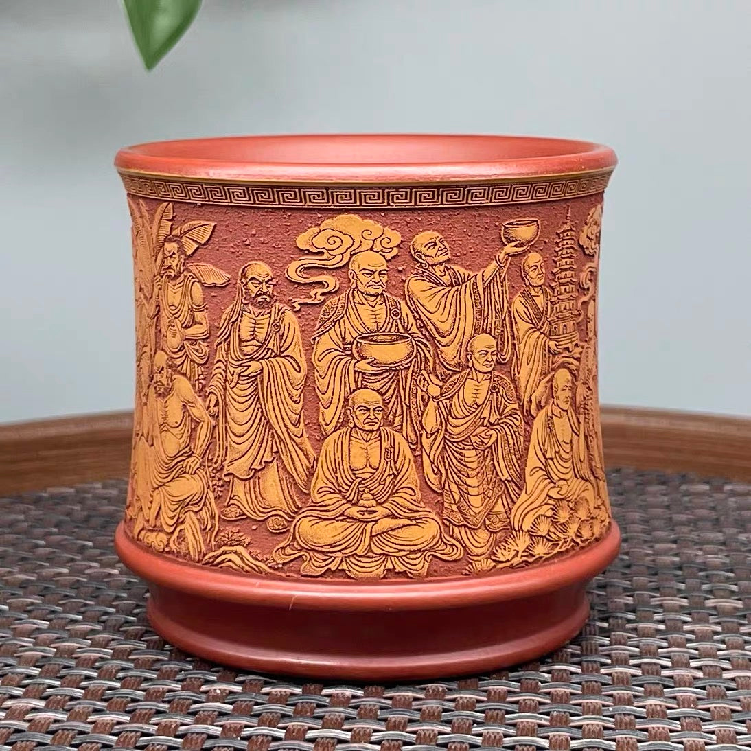 Yixing Raw Ore Dahongpao Zisha, Fully Hand-Carved Eighteen Arhats Master Cup, Bamboo Joint Dual-Color Tea Cup—140CC