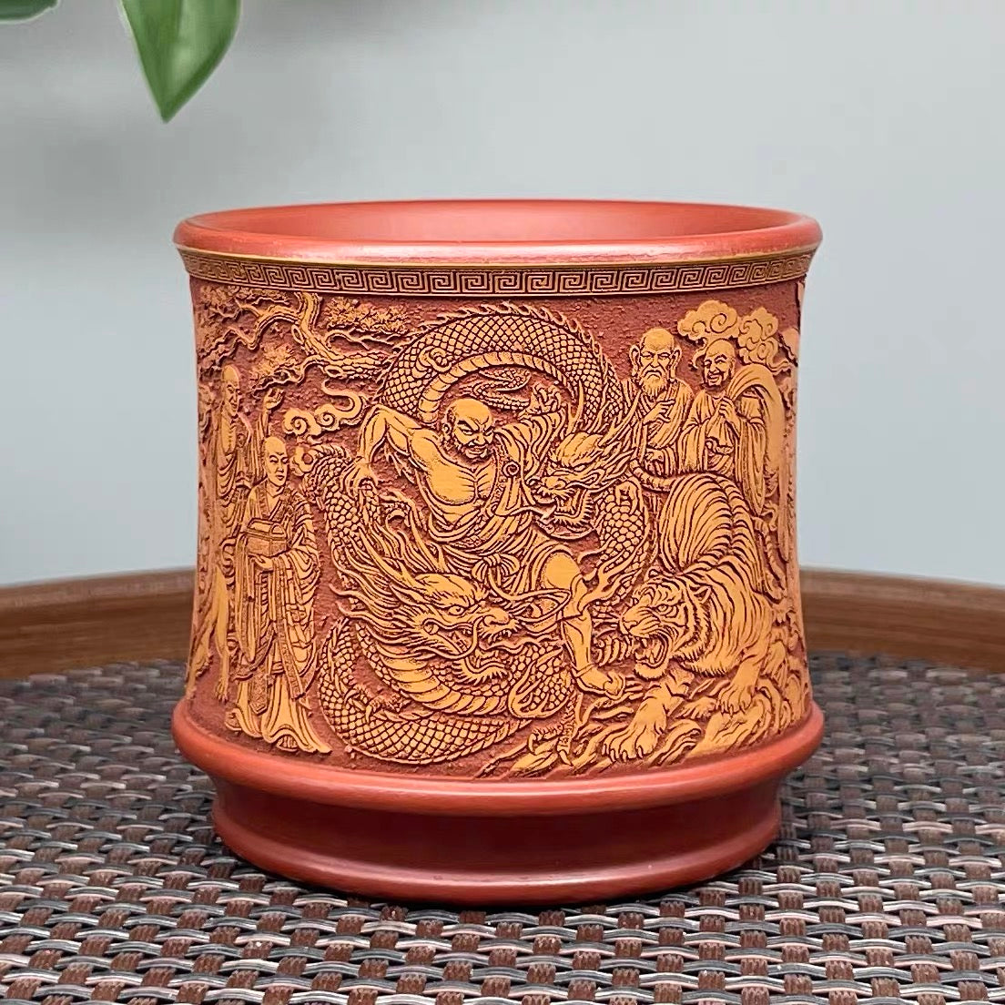 Yixing Raw Ore Dahongpao Zisha, Fully Hand-Carved Eighteen Arhats Master Cup, Bamboo Joint Dual-Color Tea Cup—140CC