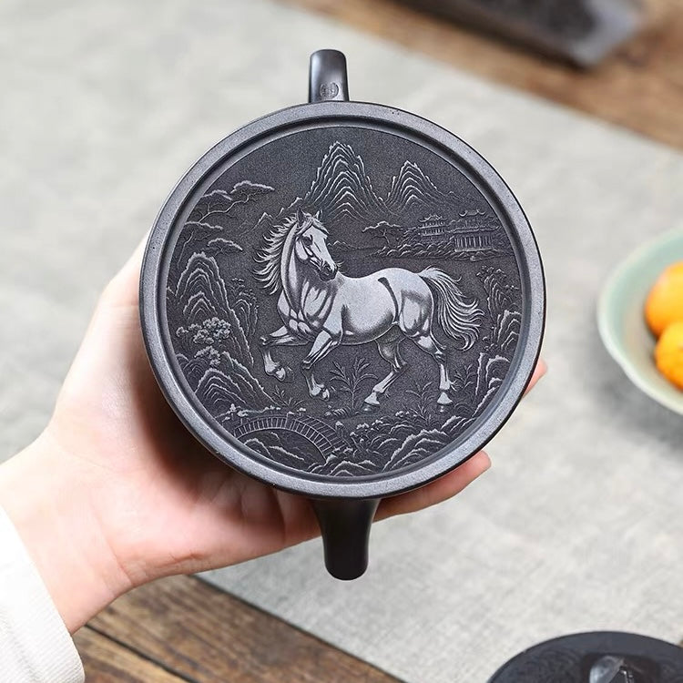 Authentic Yixing Zisha Teapot | Aged Original Shihuang Clay, Full Hand-Carved Eight Horses Pattern, Guanshan Zisha Teapot, Premium Kung Fu Teaware & Luxury Gift Collection
