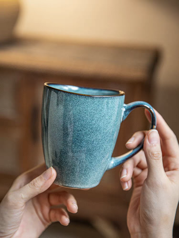 Blue Kiln-Changed Glaze Ceramic Mug - 450ml Masculine Design Coffee Cup, Office/Everyday Tea Mug for Men