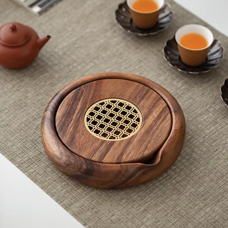 Solid Walnut Wood Teapot Holder - Round Water Storage Tea Tray for Wet Brewing, Yixing Teapot Care Pad, Kung Fu Tea Serving Tray