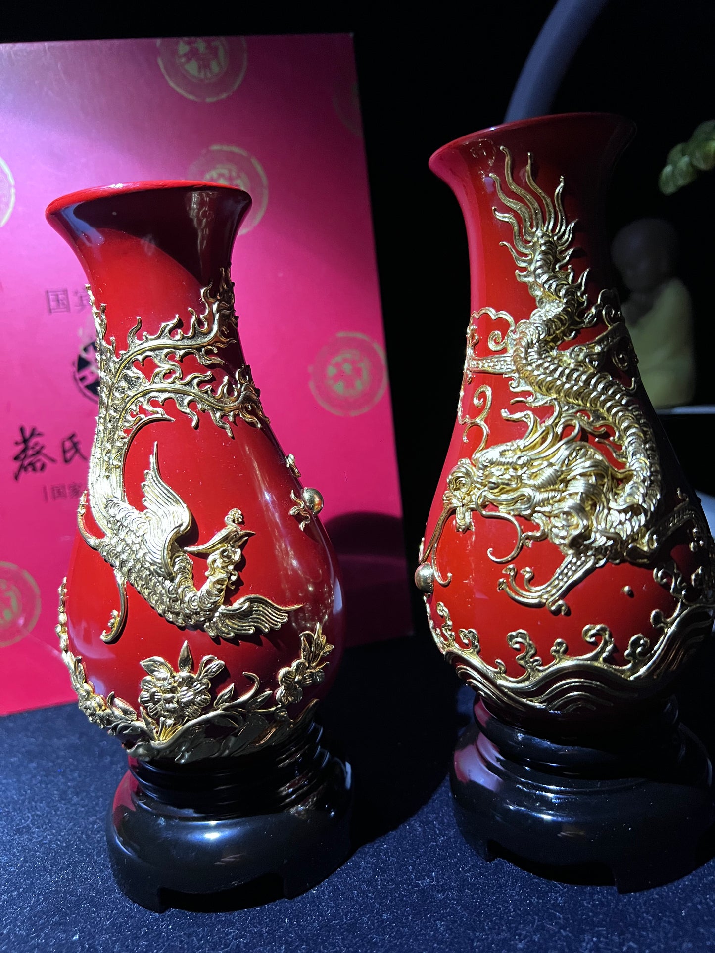 Lacquer Thread Sculpture Dragon and Phoenix Vase Set