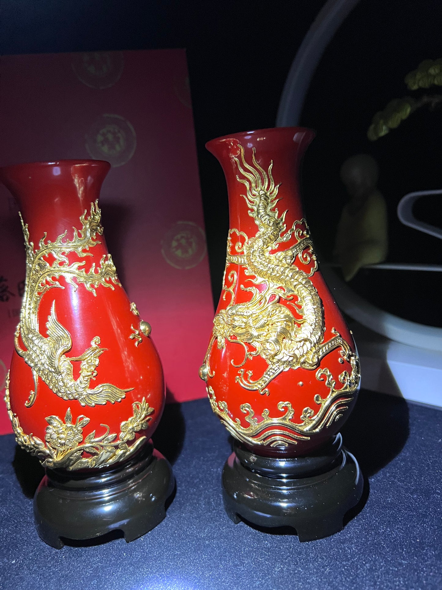 Lacquer Thread Sculpture Dragon and Phoenix Vase Set