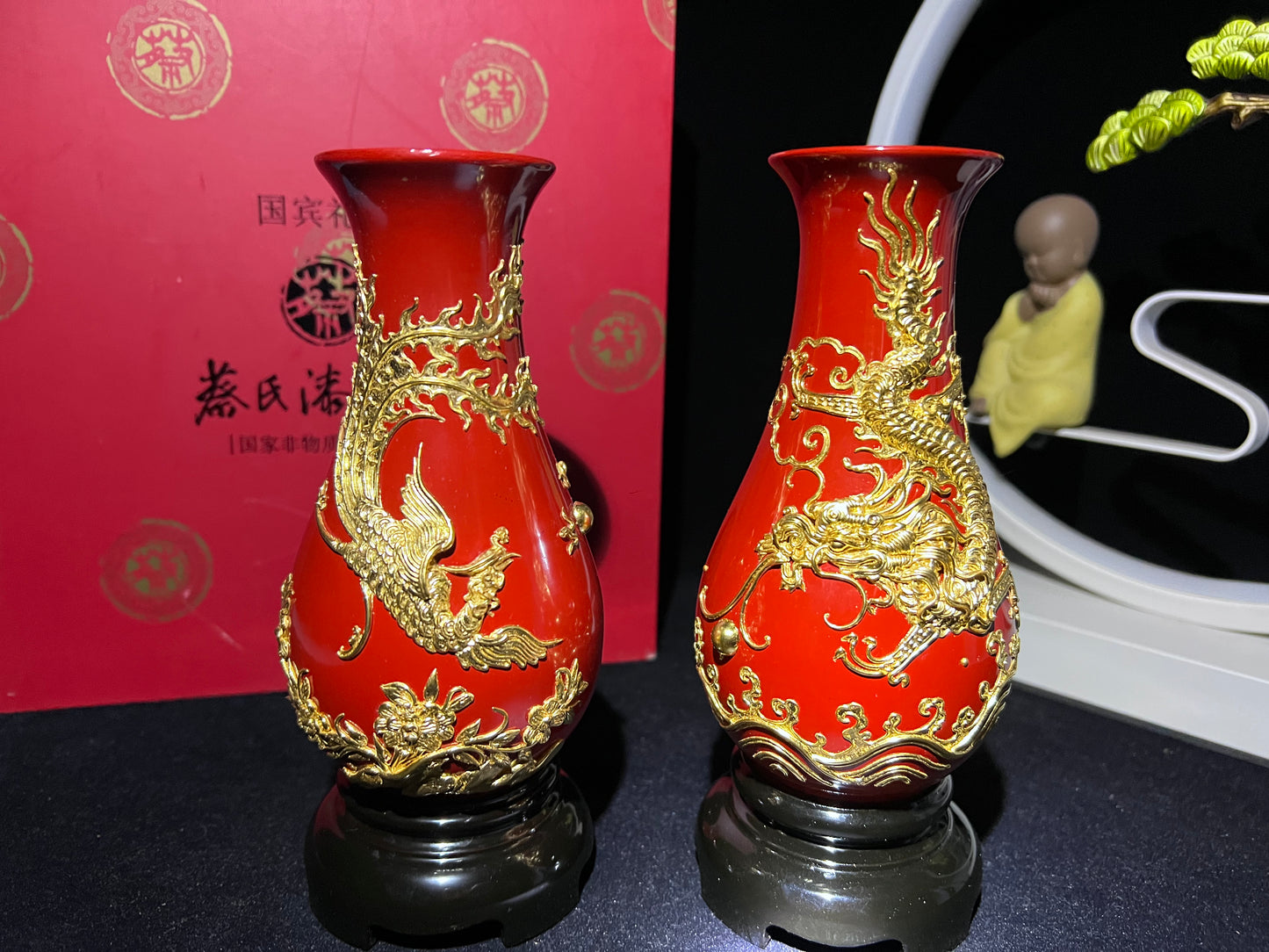 Lacquer Thread Sculpture Dragon and Phoenix Vase Set