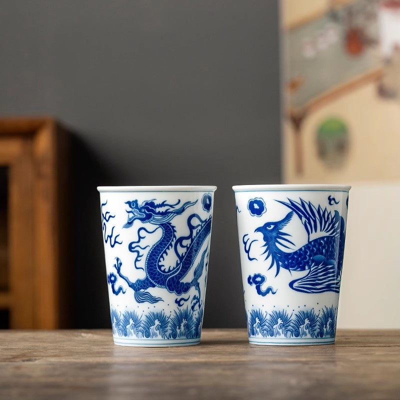 White and Blue Porcelain Dragon and Phoenix the Couple Set Beer Cup